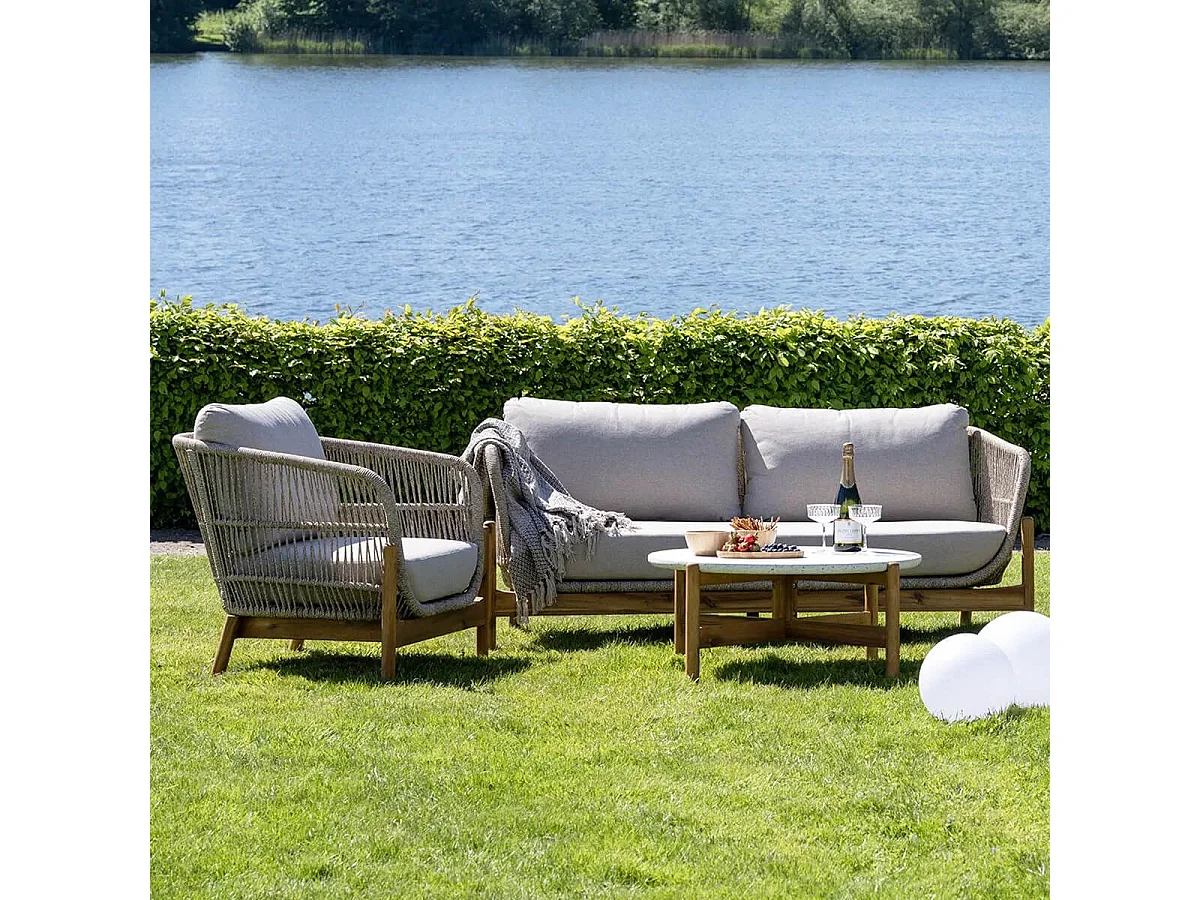 LORIENA - Table Basse Ronde Ø84,5cm en Acacia Plateau en Terrazzo