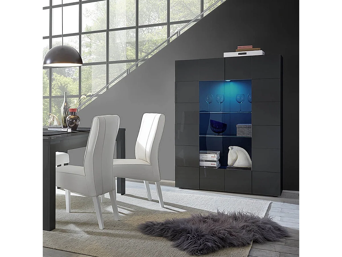 REBECCA - Vitrine 2 Portes Finition Laqué Gris Carbone Relief Damiers et Leds