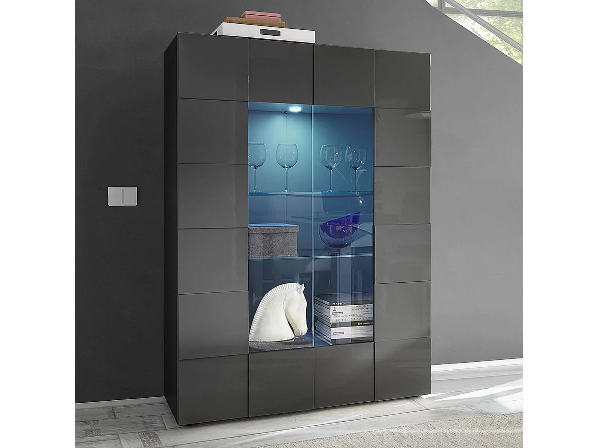 REBECCA - Vitrine 2 Portes Finition Laqué Gris Carbone Relief Damiers et Leds