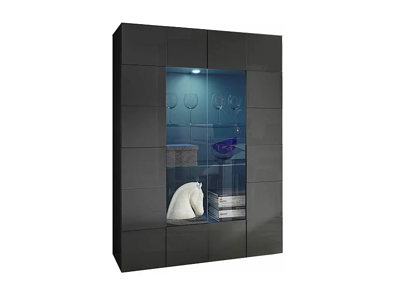 REBECCA - Vitrine 2 Portes Finition Laqué Gris Carbone Relief Damiers et Leds
