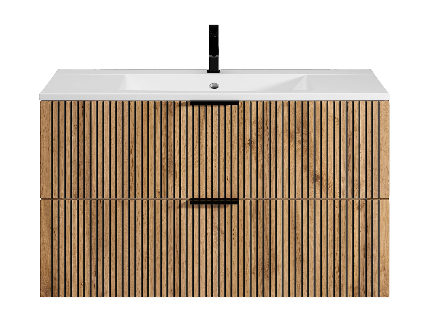 Geribbeld badkamermeubel met inbouwwastafel en kolomkast - Licht naturel en zwart - 100 cm - MADELA
