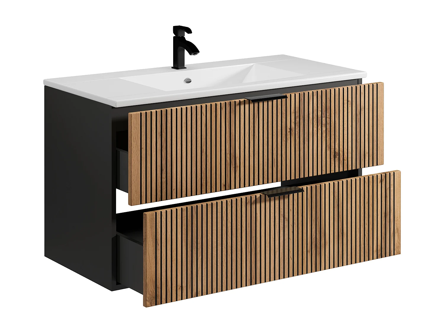 Geribbeld badkamermeubel met inbouwwastafel en kolomkast - Licht naturel en zwart - 100 cm - MADELA