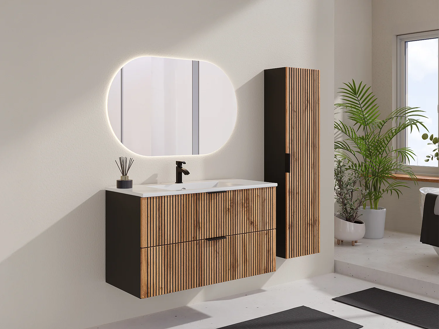 Geribbeld badkamermeubel met inbouwwastafel en kolomkast - Licht naturel en zwart - 100 cm - MADELA