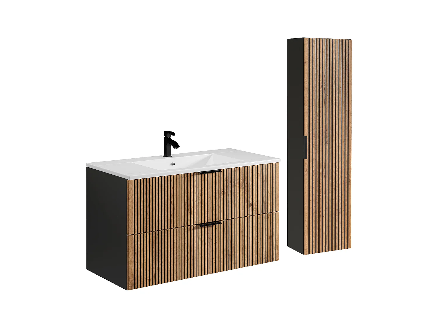 Upphängd randig badrumsmöbel med inbyggt tvättställ och högskåp - Ljust naturfärgad och svart - 100 cm - MADELA