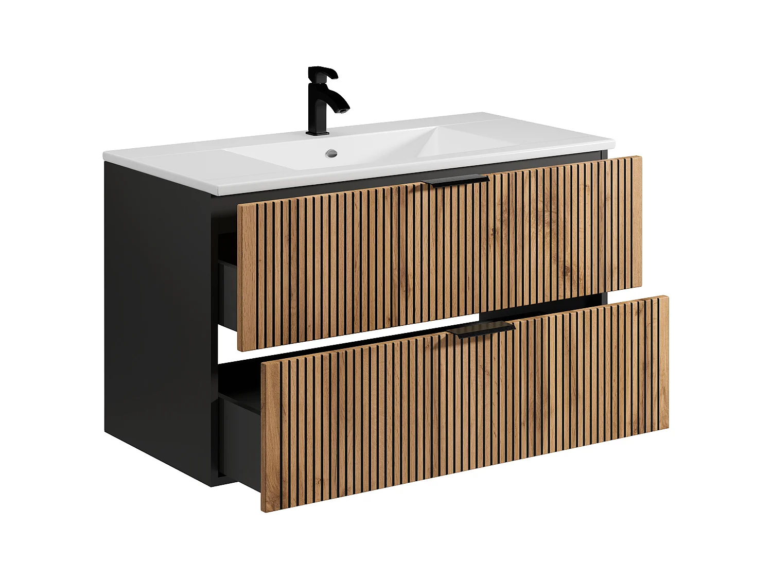 Upphängd randig badrumsmöbel med inbyggt tvättställ och högskåp - Ljust naturfärgad och svart - 100 cm - MADELA