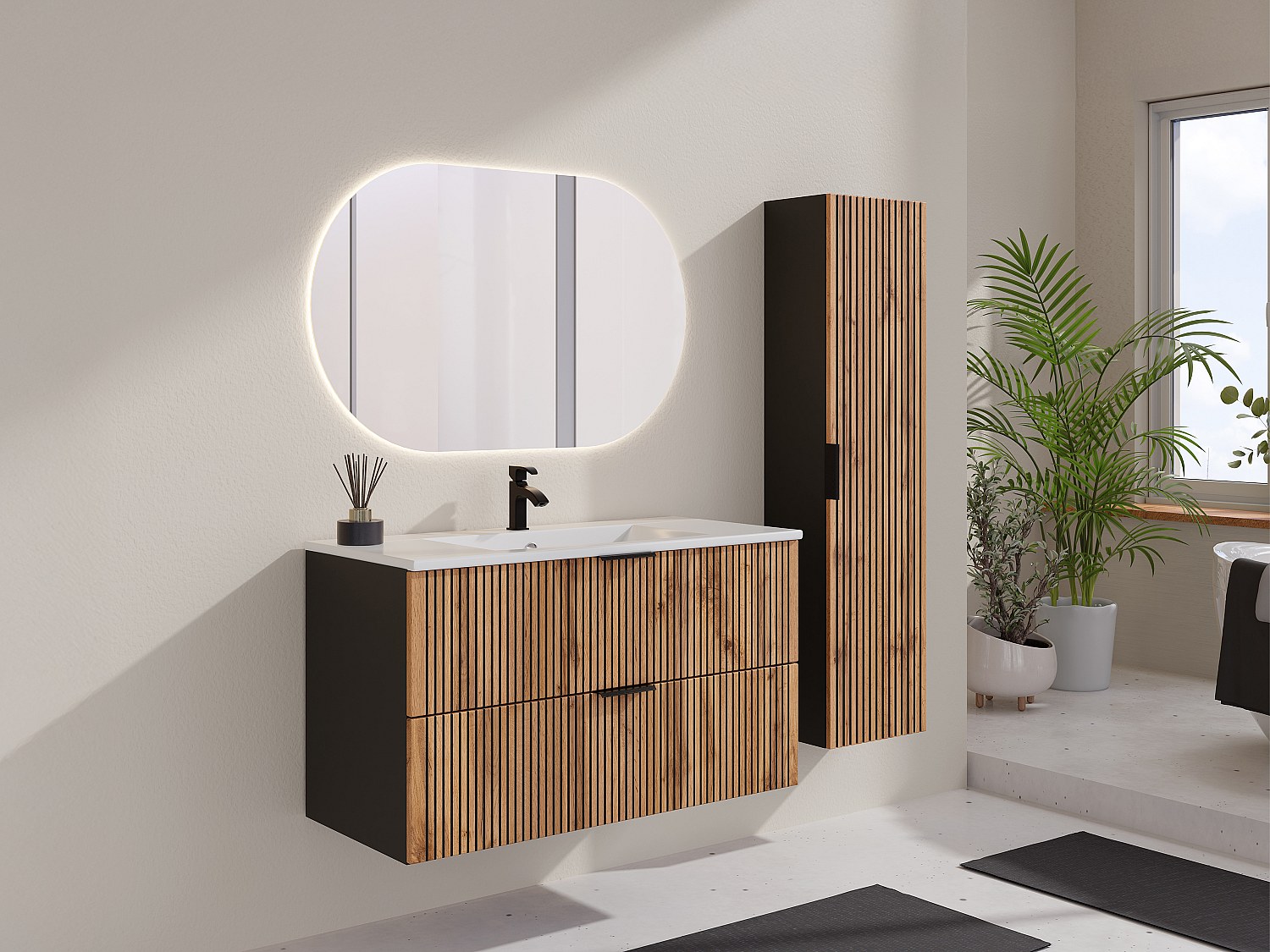 Waschbeckenunterschrank hängend mit Einbauwaschbecken & Badhochschrank - St günstig online kaufen