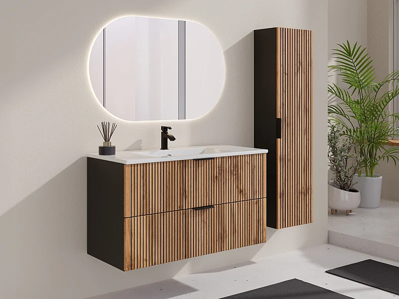 Meuble de salle de bain suspendu strié avec vasque à encastrer et colonne - Naturel clair et noir - 100 cm - MADELA