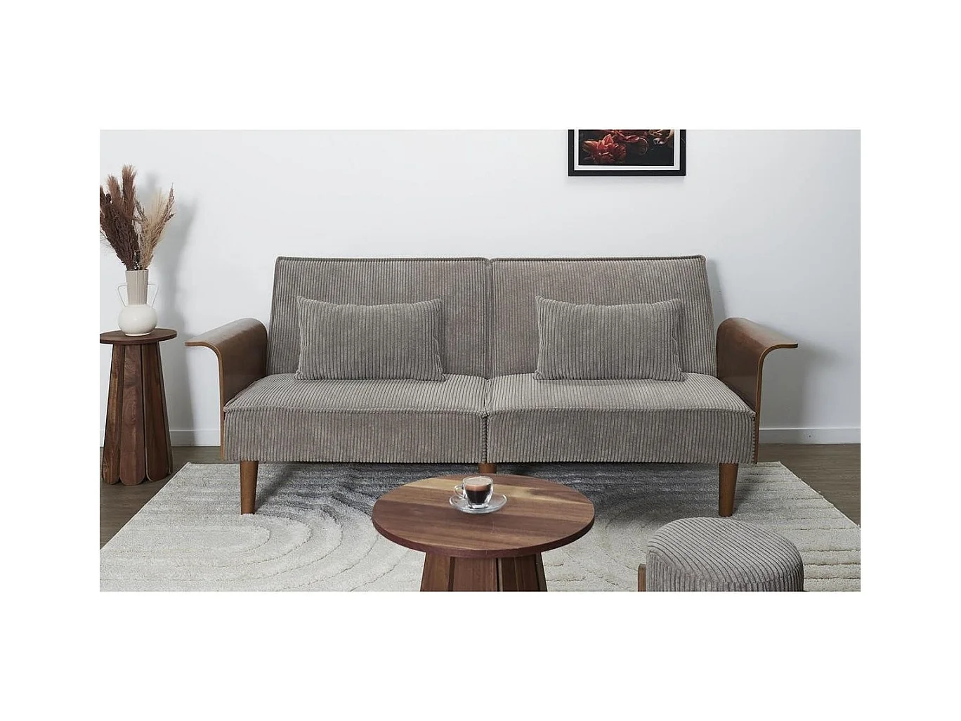 Canapé convertible en velours côtelé gris et bois L205 cm - SCOTT