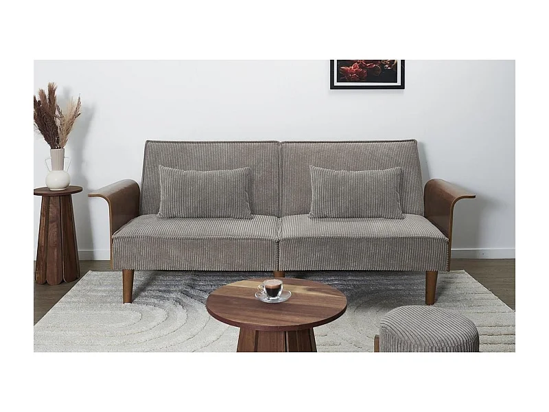 Canapé convertible en velours côtelé gris et bois L205 cm - SCOTT