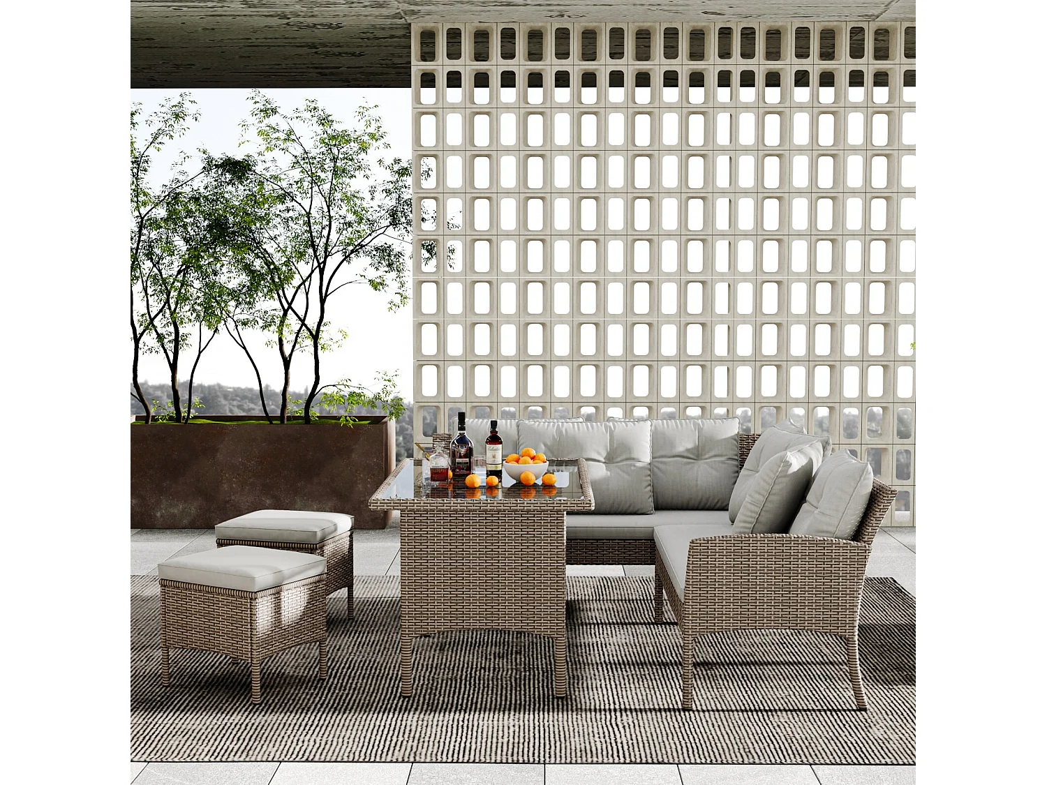 7 -Seter -Gartenmöbel, mit Sofa, Couchtisch, 2 Hocker und Kissen, Stahlkonstruktion, Khaki