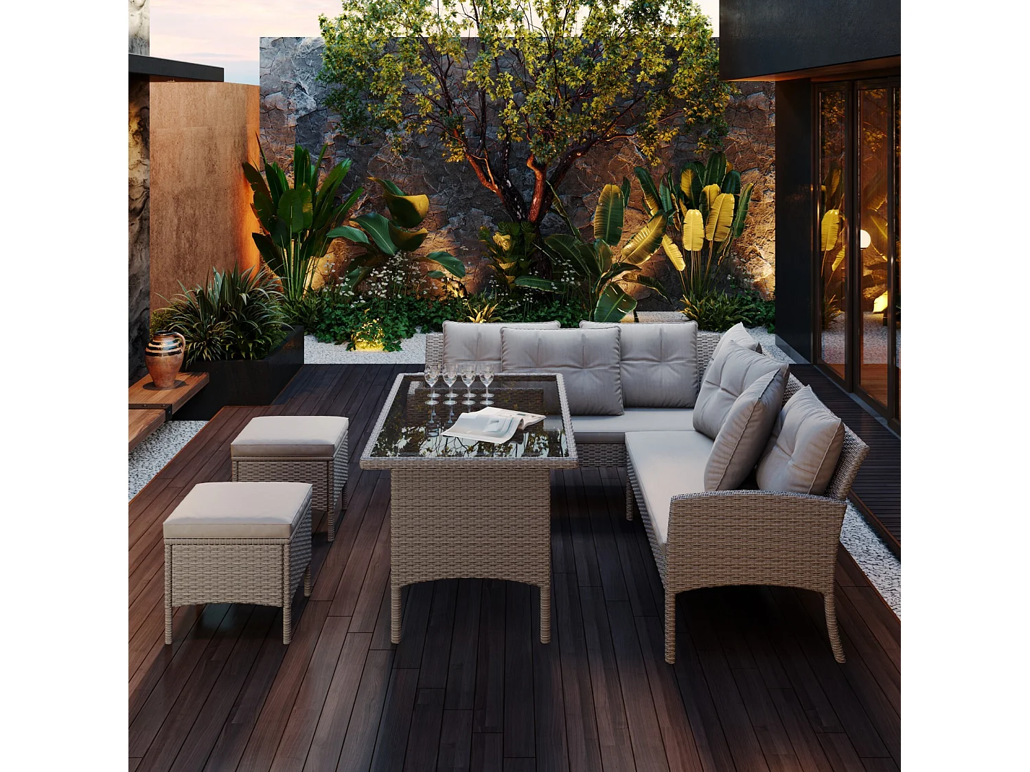 7 -Seter -Gartenmöbel, mit Sofa, Couchtisch, 2 Hocker und Kissen, Stahlkonstruktion, Khaki