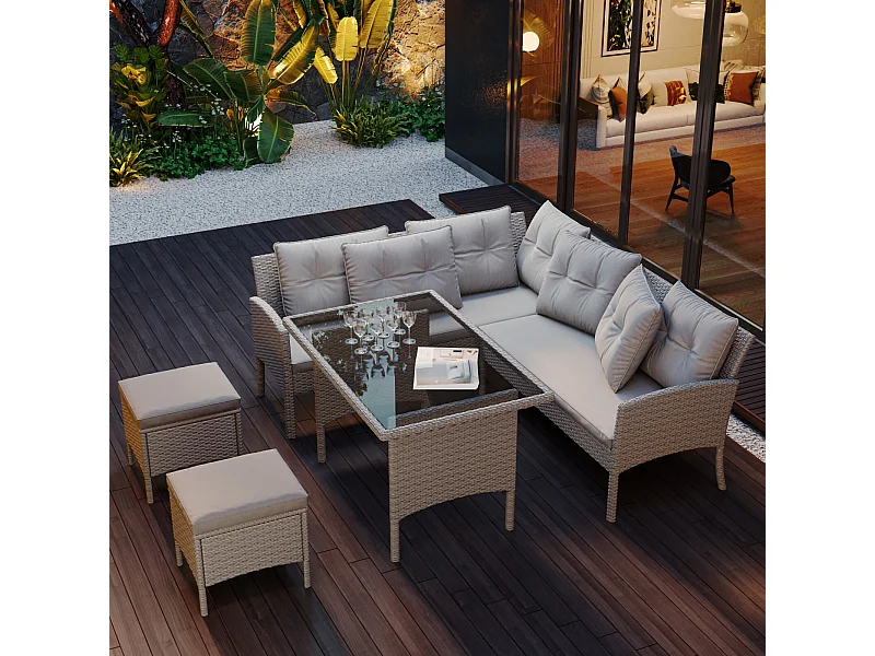 7 -Seter -Gartenmöbel, mit Sofa, Couchtisch, 2 Hocker und Kissen, Stahlkonstruktion, Khaki