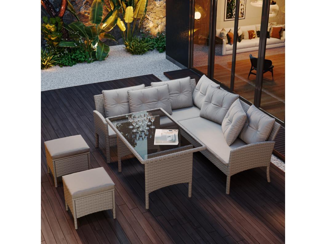 Salon de jardin 7 places, avec canapé, table basse, 2 tabourets et oreiller, structure en acier, Kaki