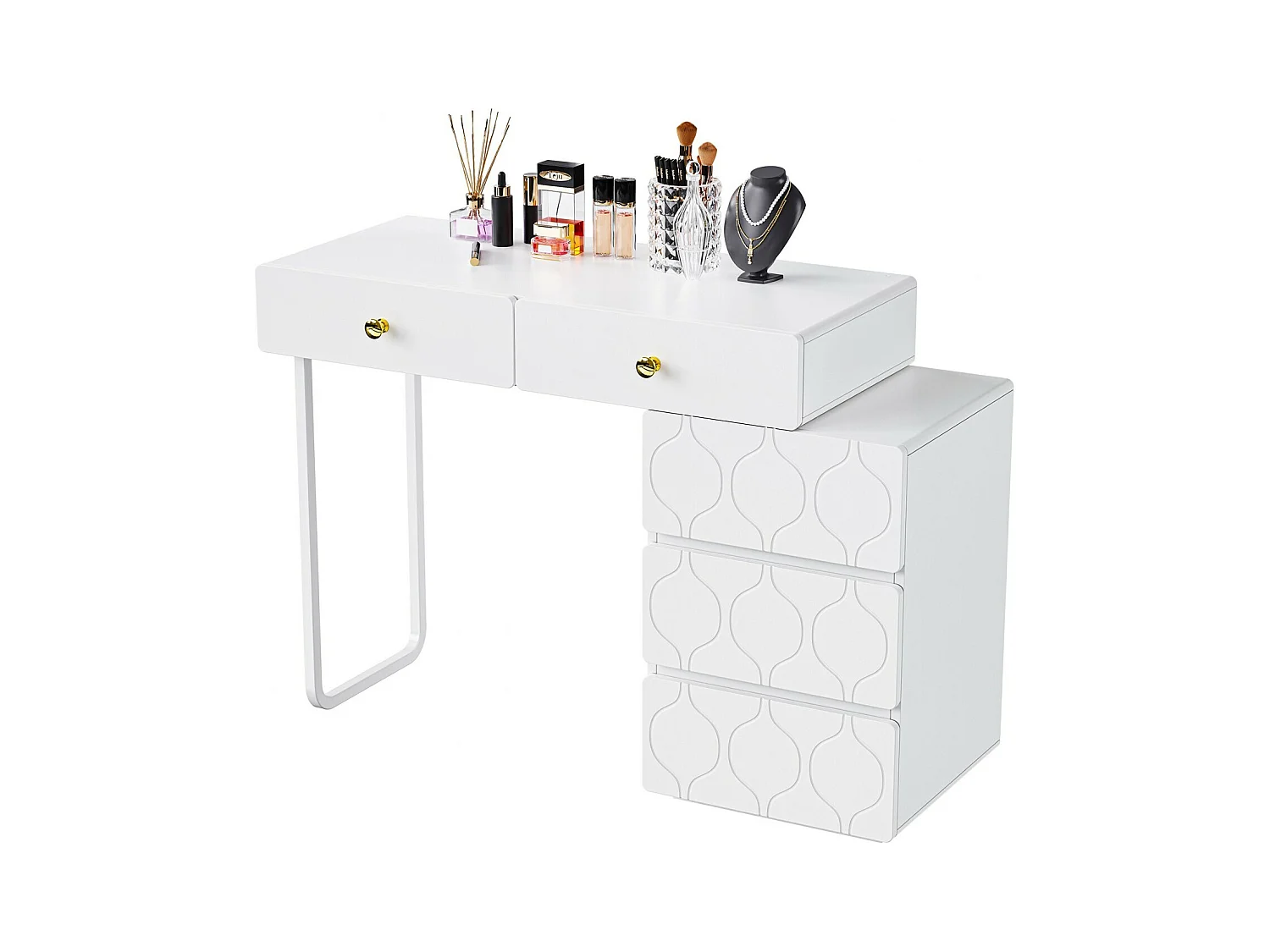 Coiffeuse avec 5 tiroirs, conception d'échange, style minimaliste, 90x40x73,5cm, Blanc (sans miroir et tabouret)