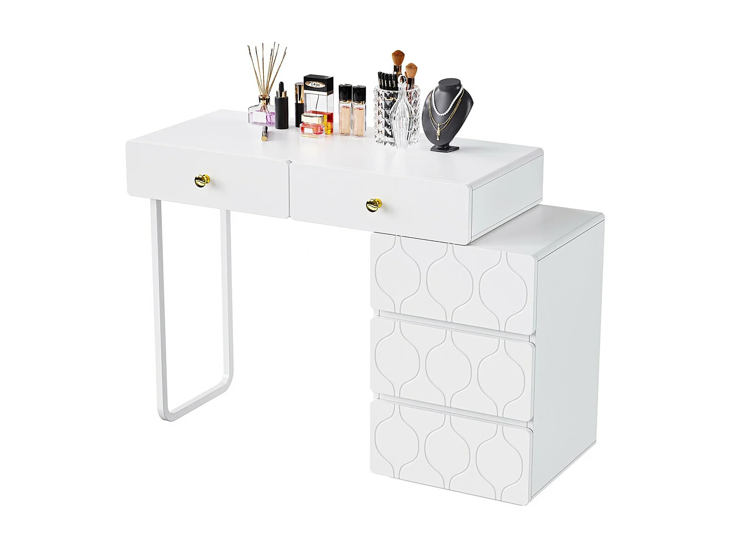 Coiffeuse avec 5 tiroirs, conception d'échange, style minimaliste, 90x40x73,5cm, Blanc (sans miroir et tabouret)