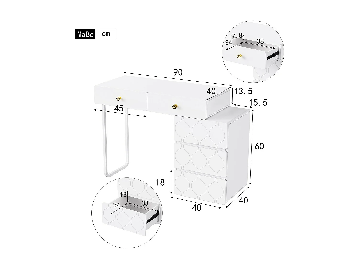 Coiffeuse avec 5 tiroirs, conception d'échange, style minimaliste, 90x40x73,5cm, Blanc (sans miroir et tabouret)