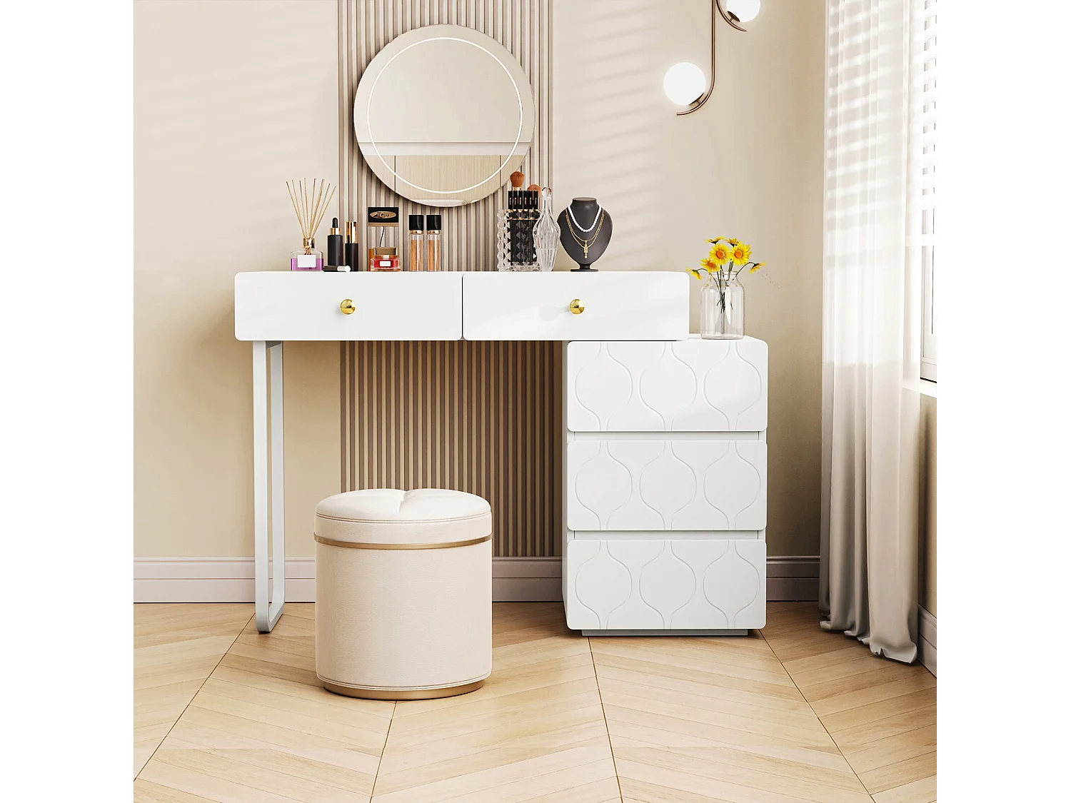 Coiffeuse avec 5 tiroirs, conception d'échange, style minimaliste, 90x40x73,5cm, Blanc (sans miroir et tabouret)