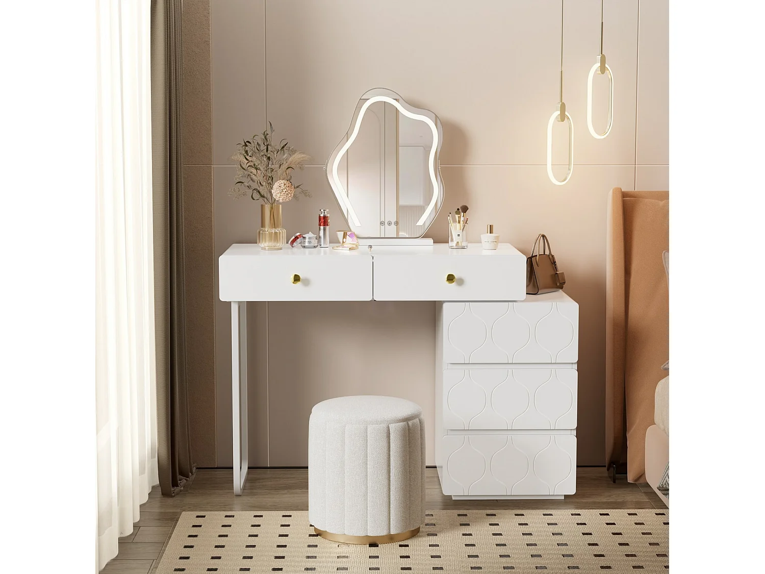 Coiffeuse avec 5 tiroirs, conception d'échange, style minimaliste, 90x40x73,5cm, Blanc (sans miroir et tabouret)