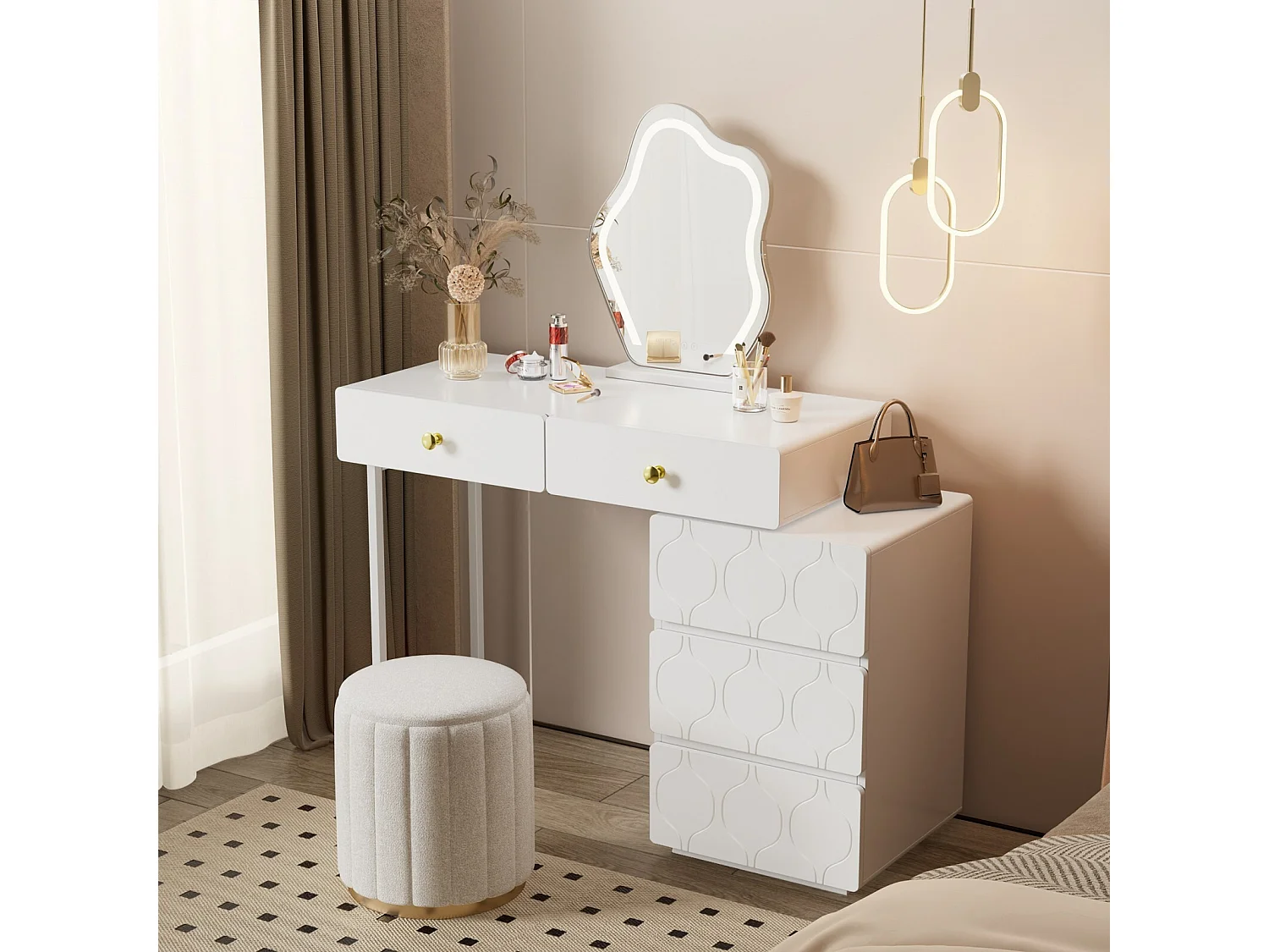 Coiffeuse avec 5 tiroirs, conception d'échange, style minimaliste, 90x40x73,5cm, Blanc (sans miroir et tabouret)