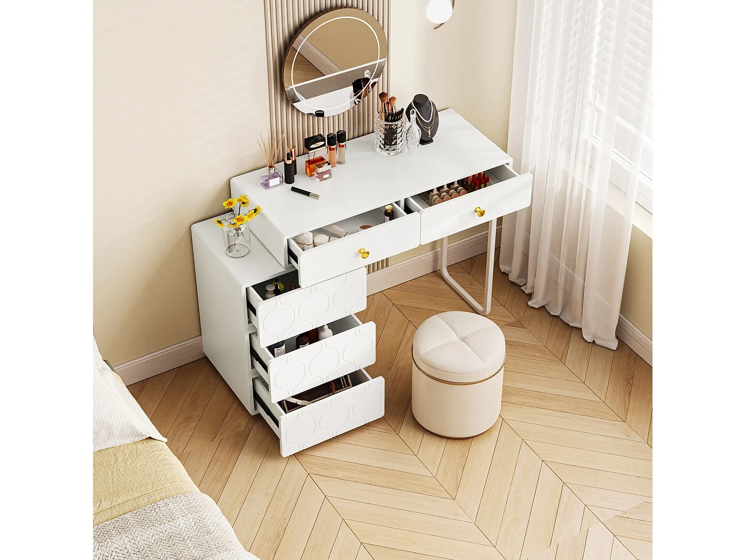 Coiffeuse avec 5 tiroirs, conception d'échange, style minimaliste, 90x40x73,5cm, Blanc (sans miroir et tabouret)