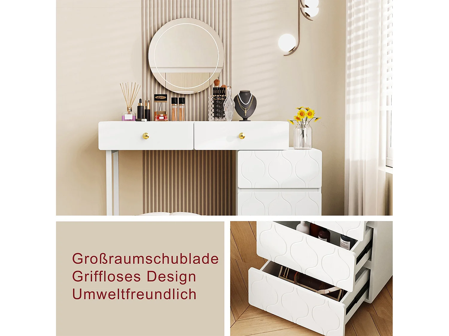 Coiffeuse avec 5 tiroirs, conception d'échange, style minimaliste, 90x40x73,5cm, Blanc (sans miroir et tabouret)