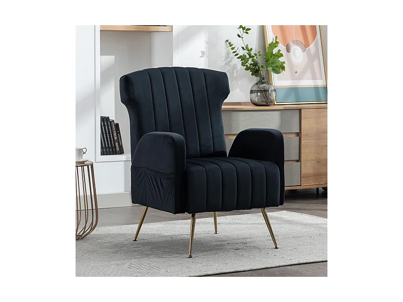 Sillón convertible de terciopelo negro, con bolsillos laterales, pies de metal, carga máxima de 90 kg, 69x72x93cm