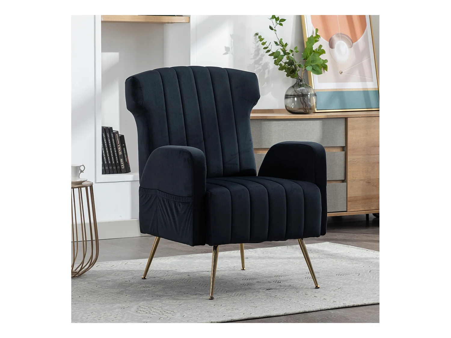 Fauteuil cabriolet en velours noir, avec poches latérales, pieds en métal, charge max 90kg, 69x72x93cm