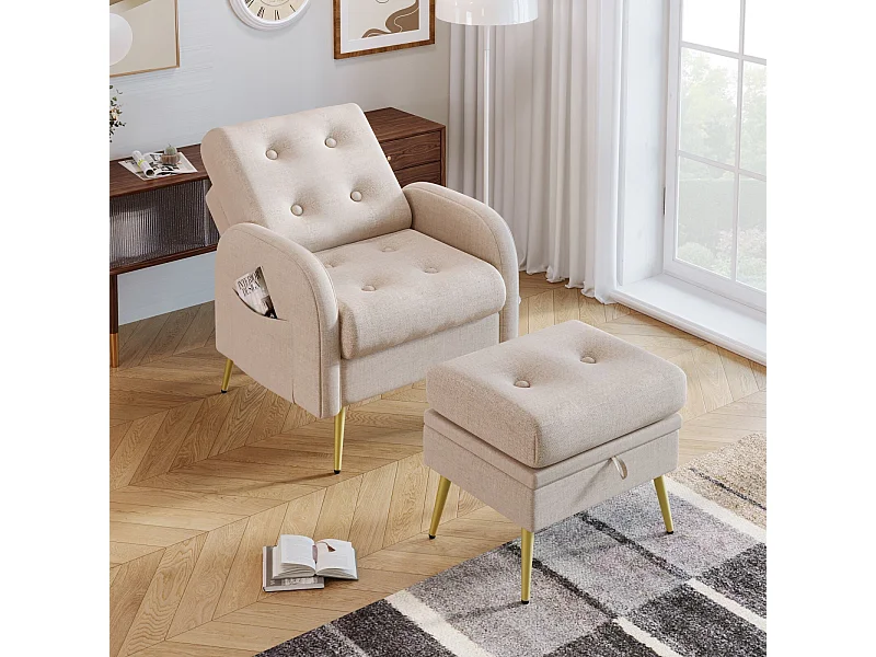 Sillón en tela de polipropileno, con pouffe de almacenamiento, ajustable en 3 niveles, 68x77x85cm, beige
