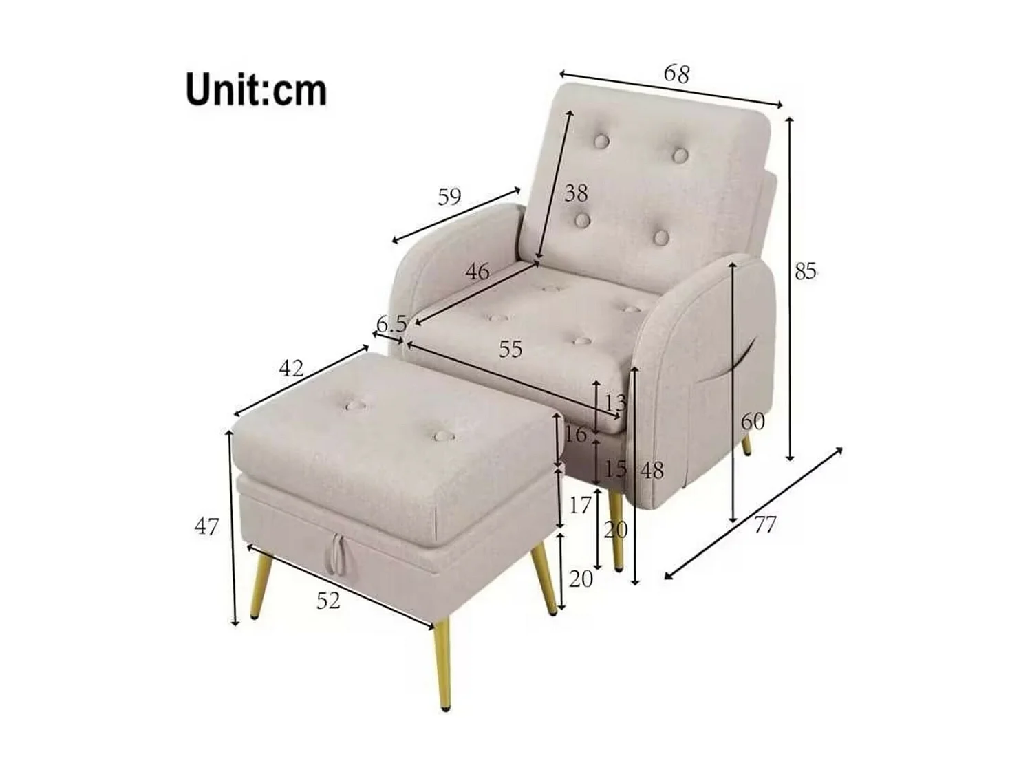 Sillón en tela de polipropileno, con pouffe de almacenamiento, ajustable en 3 niveles, 68x77x85cm, beige