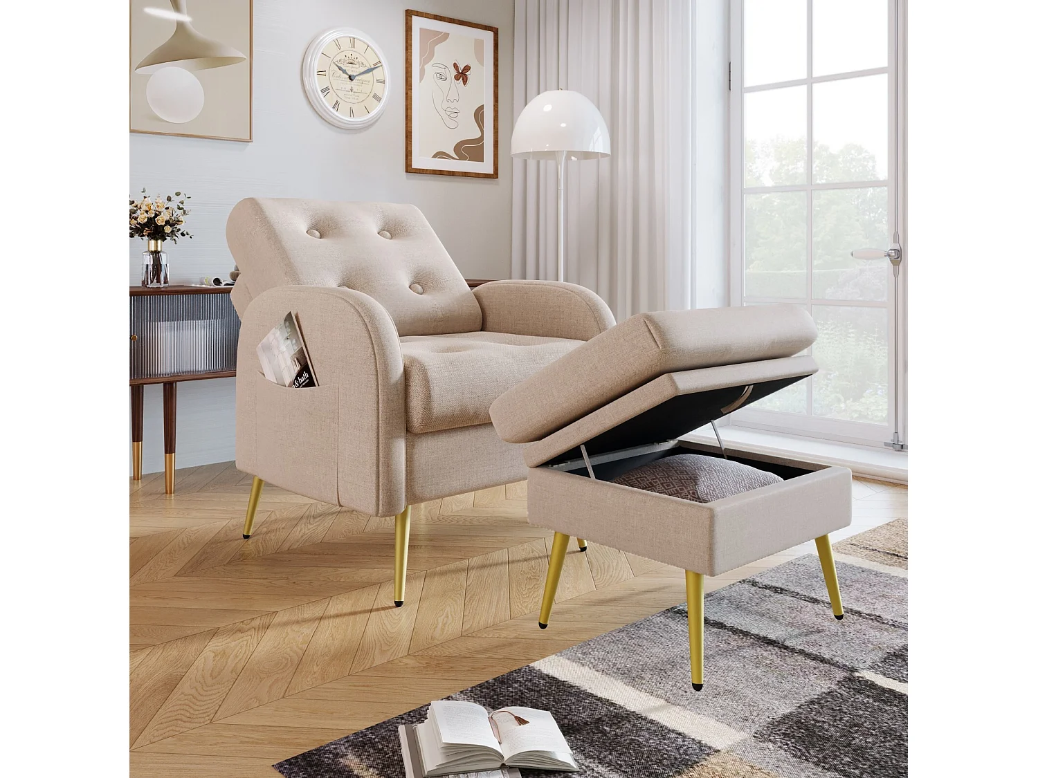 Sillón en tela de polipropileno, con pouffe de almacenamiento, ajustable en 3 niveles, 68x77x85cm, beige