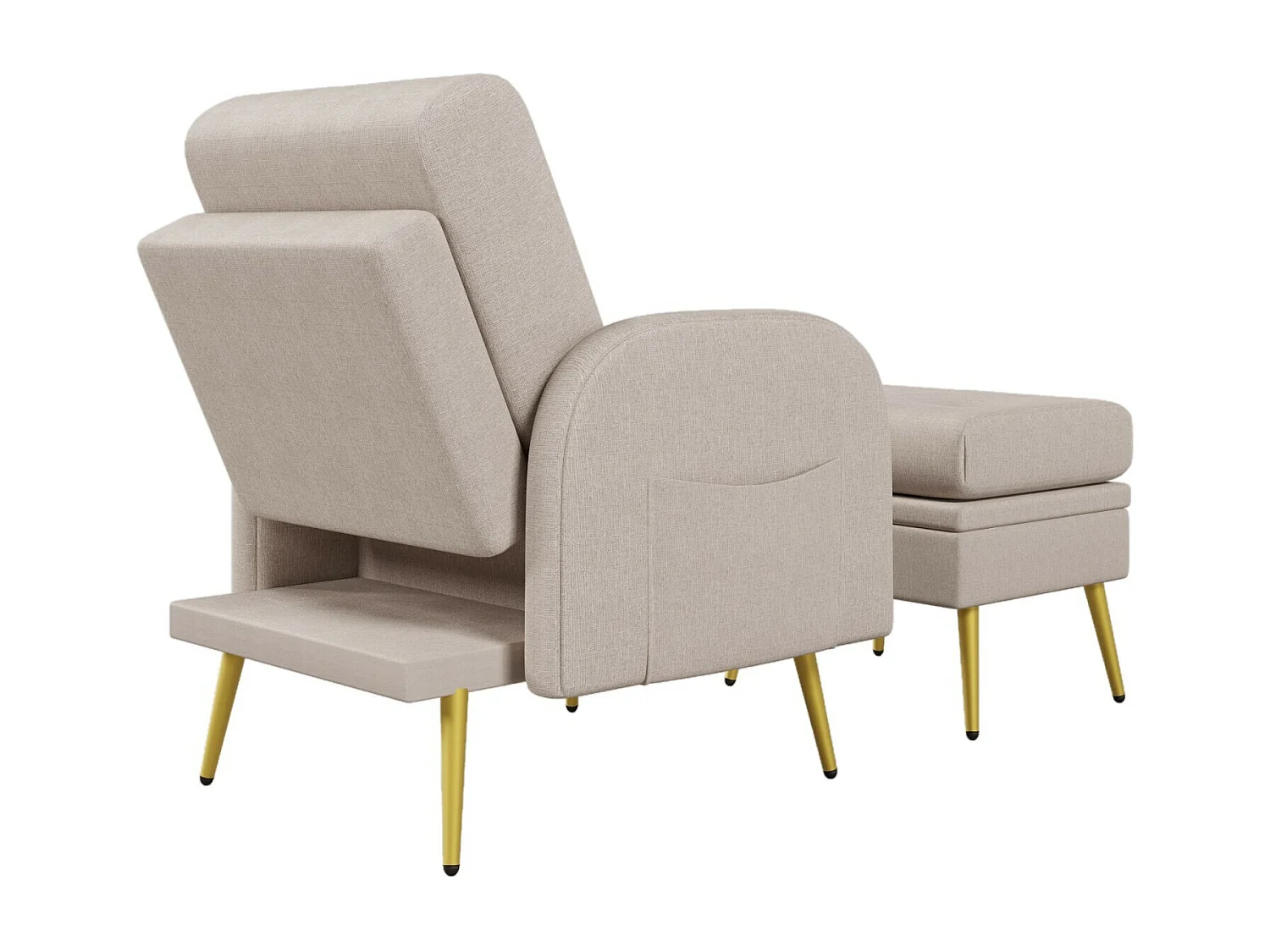 Sillón en tela de polipropileno, con pouffe de almacenamiento, ajustable en 3 niveles, 68x77x85cm, beige