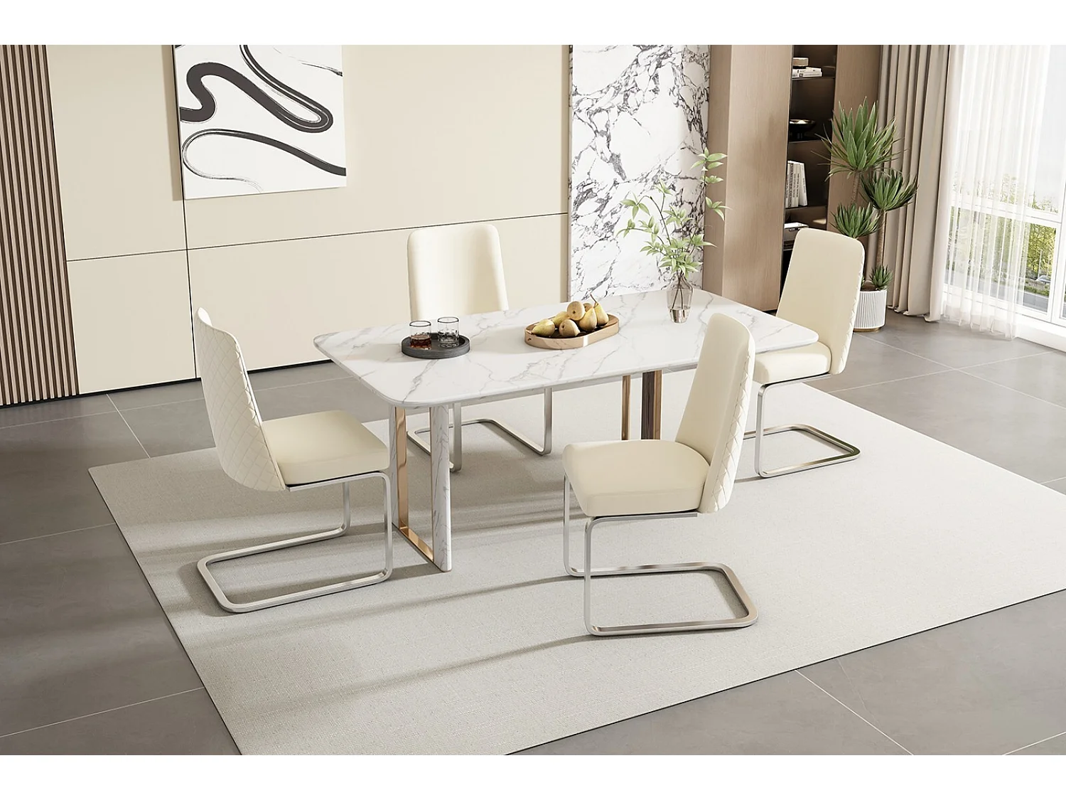Set di 6 sedie a sbalzo in velluto e metallo d'argento, design diamantato, carico massimo da 150 kg, 55x45x87cm, beige