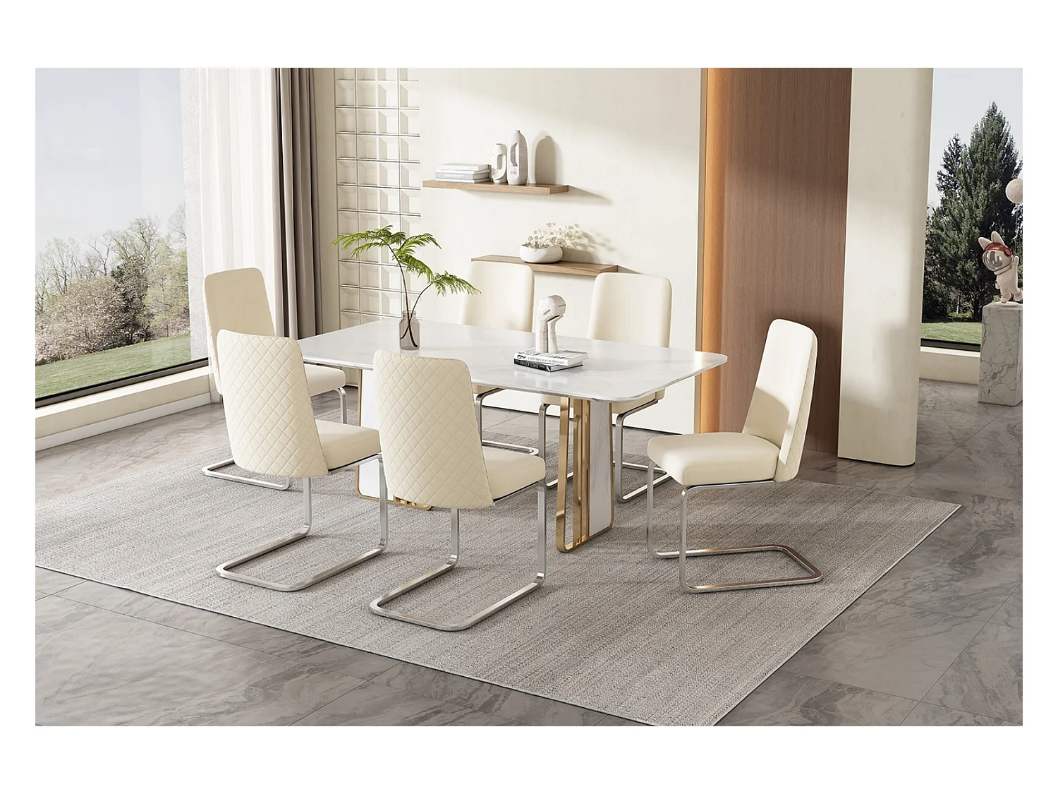 Set van 6 Cantilever -stoelen in fluwelen en zilveren metaal, diamantontwerp, max 150 kg belasting, 55x45x87cm, beige