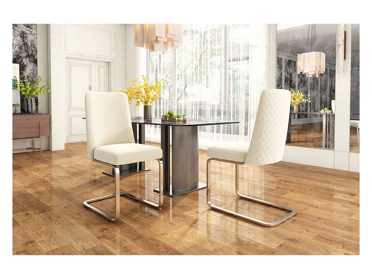 Set van 6 Cantilever -stoelen in fluwelen en zilveren metaal, diamantontwerp, max 150 kg belasting, 55x45x87cm, beige