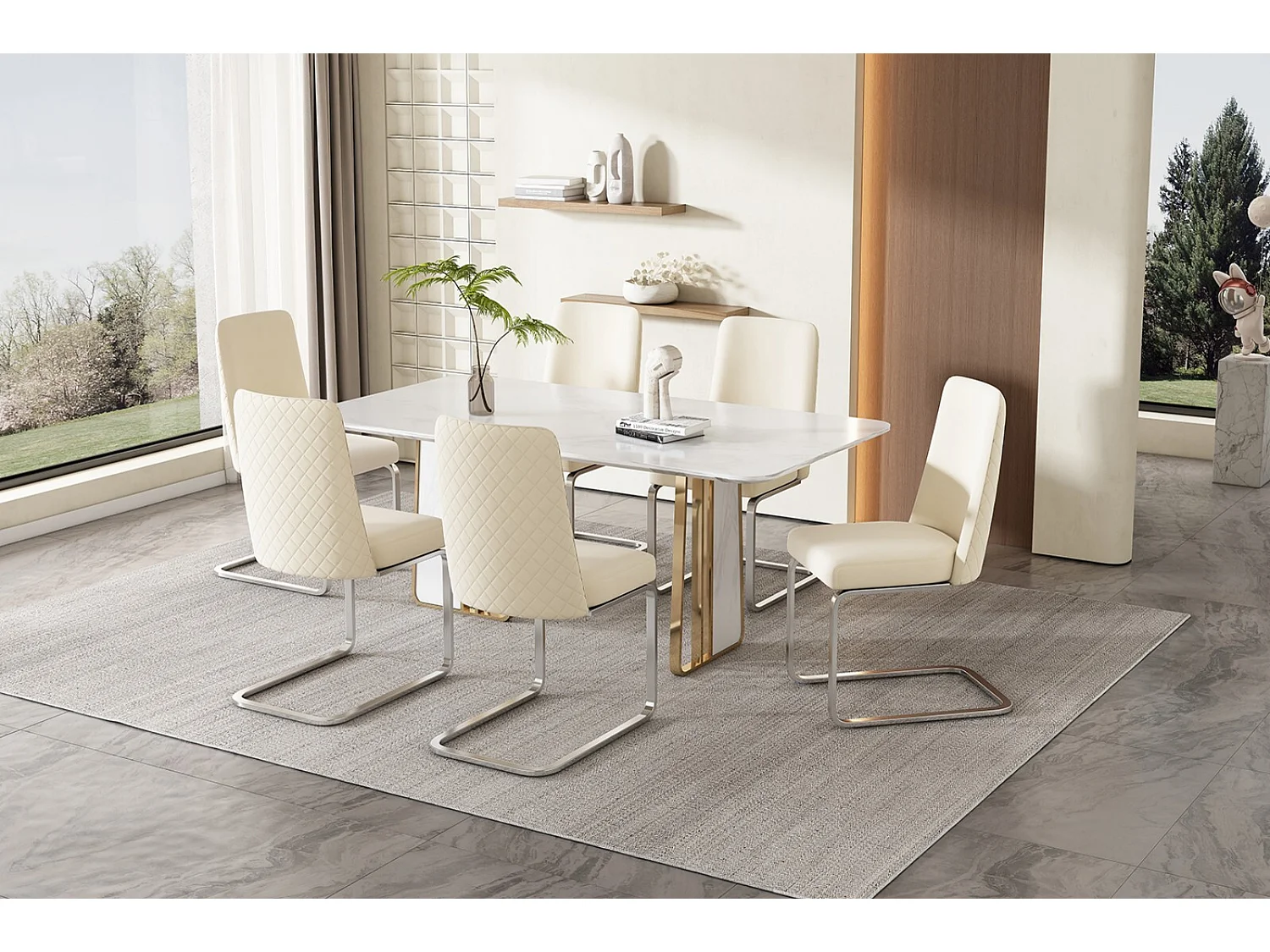 Lot de 6 chaises cantilever en velours et métal argenté, conception de diamant, charge max 150kg, 55x45x87cm, Beige