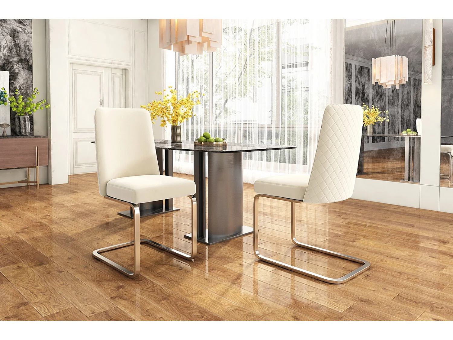 Lot de 6 chaises cantilever en velours et métal argenté, conception de diamant, charge max 150kg, 55x45x87cm, Beige