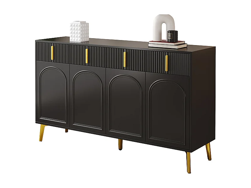 Buffet noir 4 portes 4 tiroirs avec poignées et pieds dorés 140*37,8*82cm CHADDANS