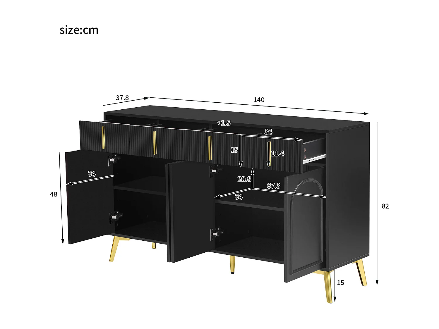 Buffet noir 4 portes 4 tiroirs avec poignées et pieds dorés 140*37,8*82cm CHADDANS