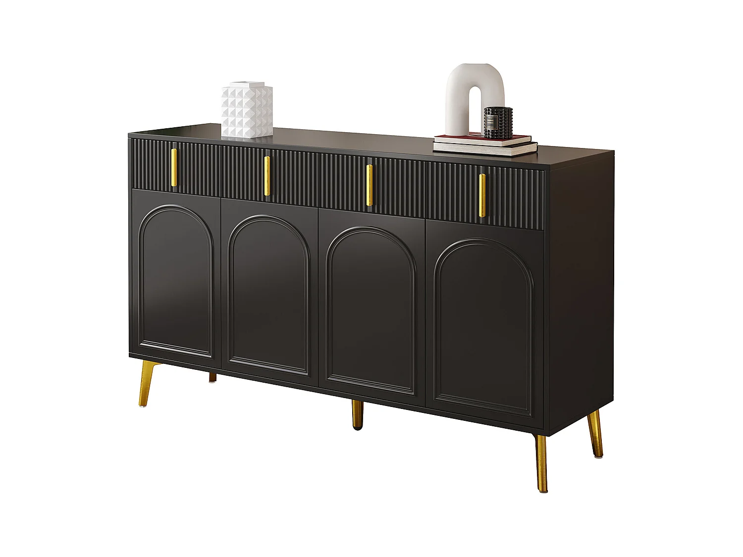 Buffet noir 4 portes 4 tiroirs avec poignées et pieds dorés 140*37,8*82cm CHADDANS