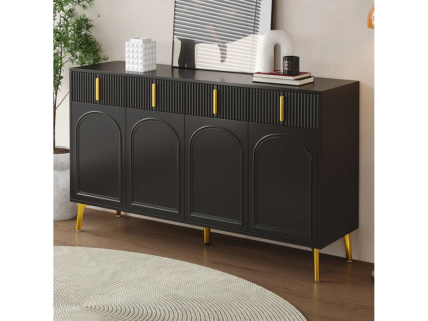Buffet noir 4 portes 4 tiroirs avec poignées et pieds dorés 140*37,8*82cm CHADDANS