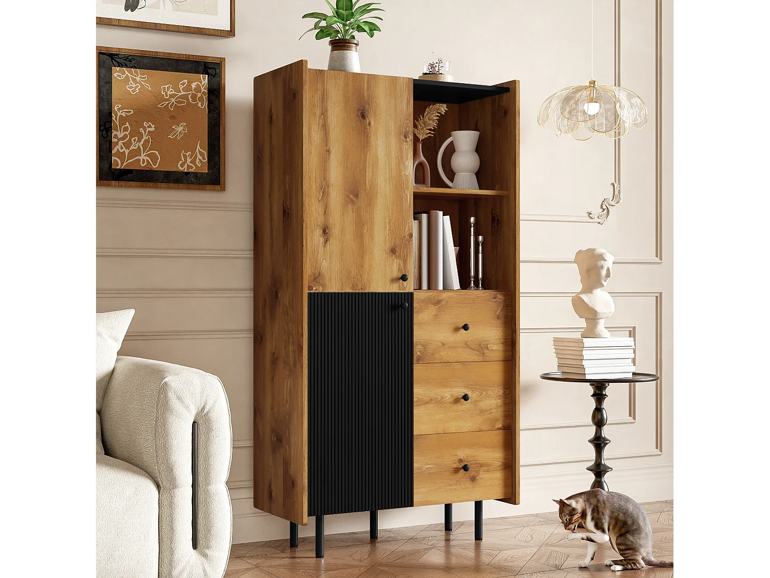 Buffet haut moderne effet bois avec deux portes, trois tiroirs et étagères ouvertes KAL
