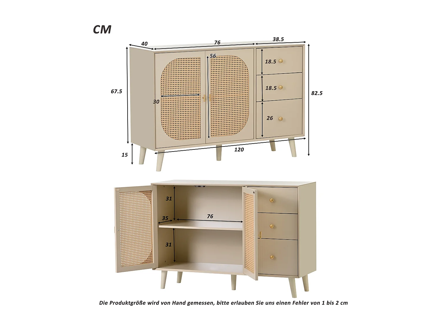 URBAN MEUBLE Buffet effet bois blanc cassé crème avec portes tissage en rotin et 3 tiroirs 120*40*82.5cm