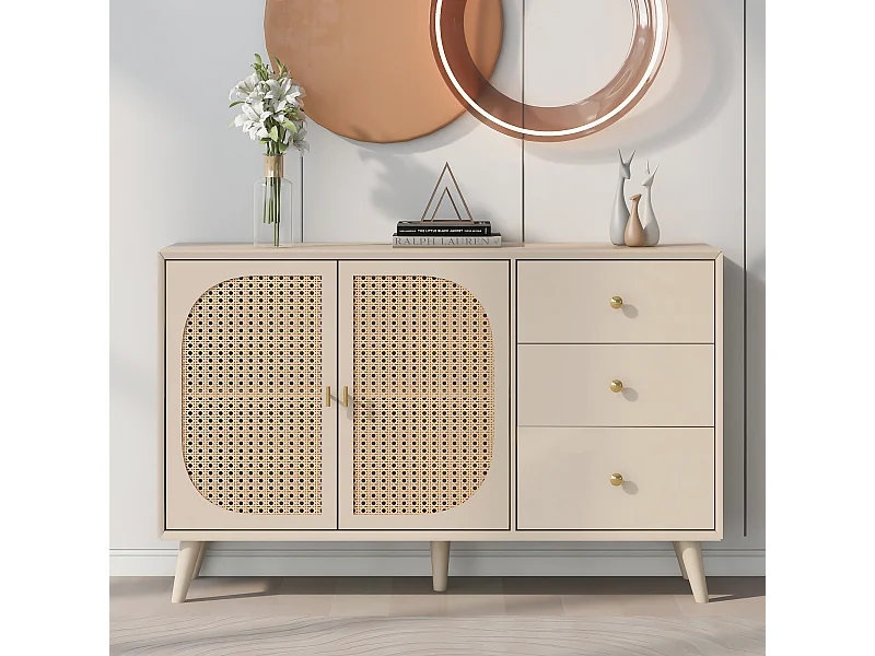 URBAN MEUBLE Buffet effet bois blanc cassé crème avec portes tissage en rotin et 3 tiroirs 120*40*82.5cm