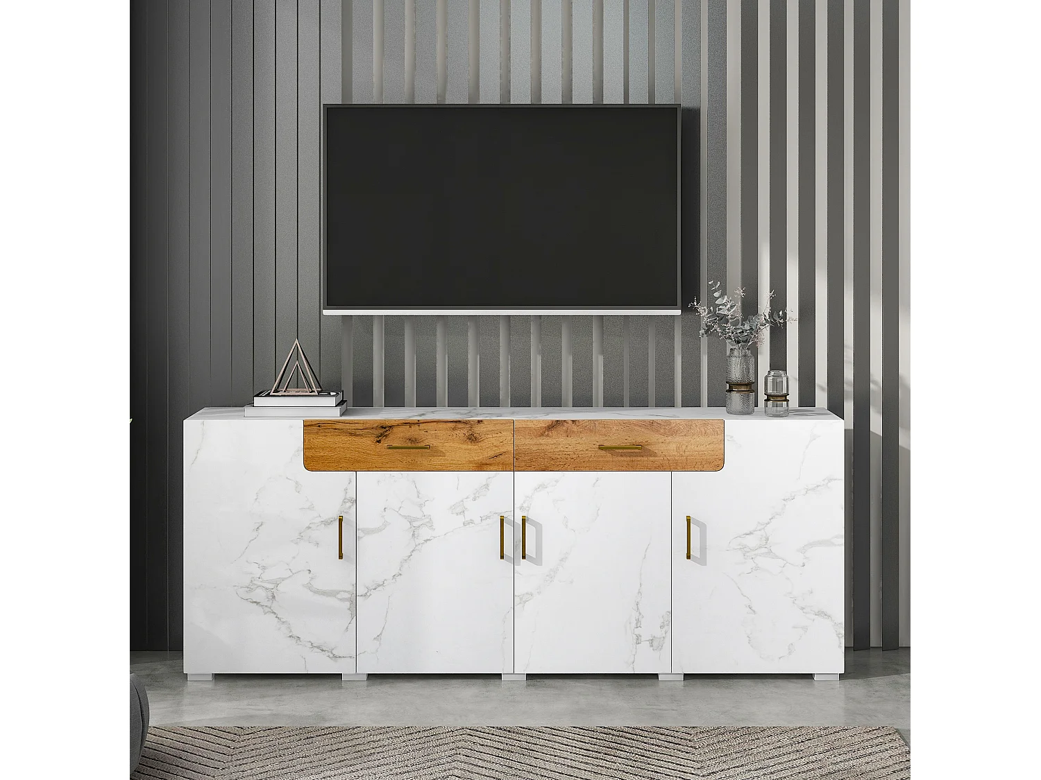 Buffet blanc effet marbre 4 portes 2 tiroirs 208x39,5x80cm ELAD