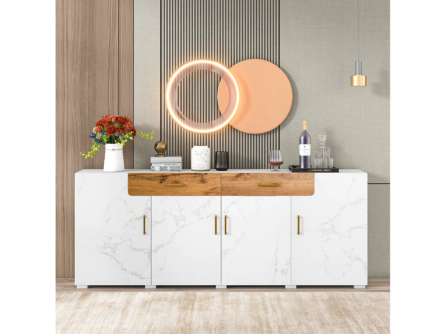 URBAN MEUBLE Buffet blanc effet marbre 4 portes 2 tiroirs 208x39,5x80cm