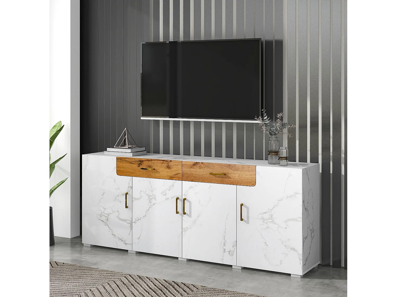 URBAN MEUBLE Buffet blanc effet marbre 4 portes 2 tiroirs 208x39,5x80cm