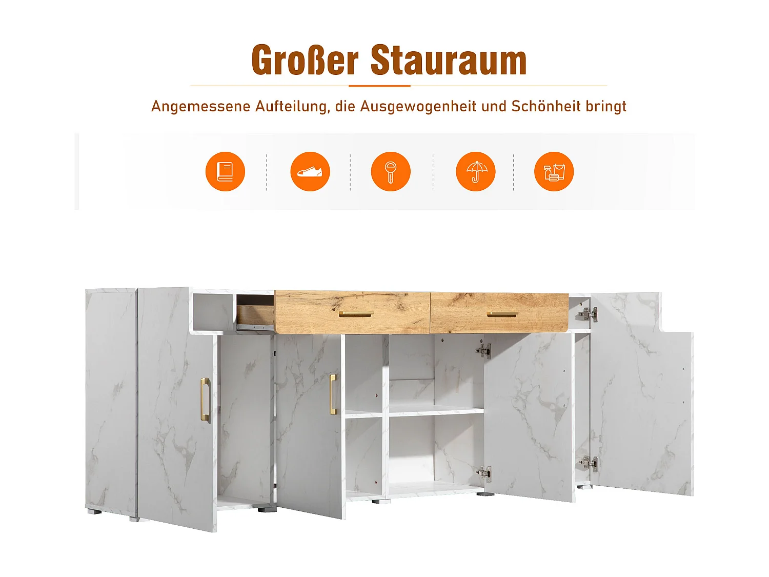 URBAN MEUBLE Buffet blanc effet marbre 4 portes 2 tiroirs 208x39,5x80cm