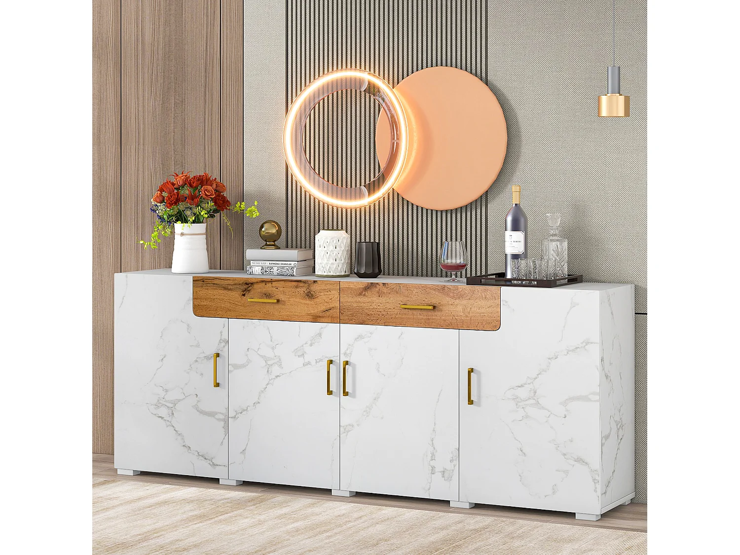 URBAN MEUBLE Buffet blanc effet marbre 4 portes 2 tiroirs 208x39,5x80cm