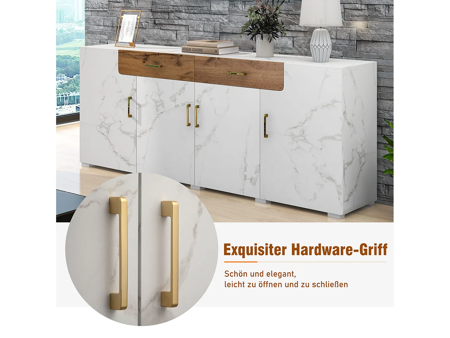 URBAN MEUBLE Buffet blanc effet marbre 4 portes 2 tiroirs 208x39,5x80cm