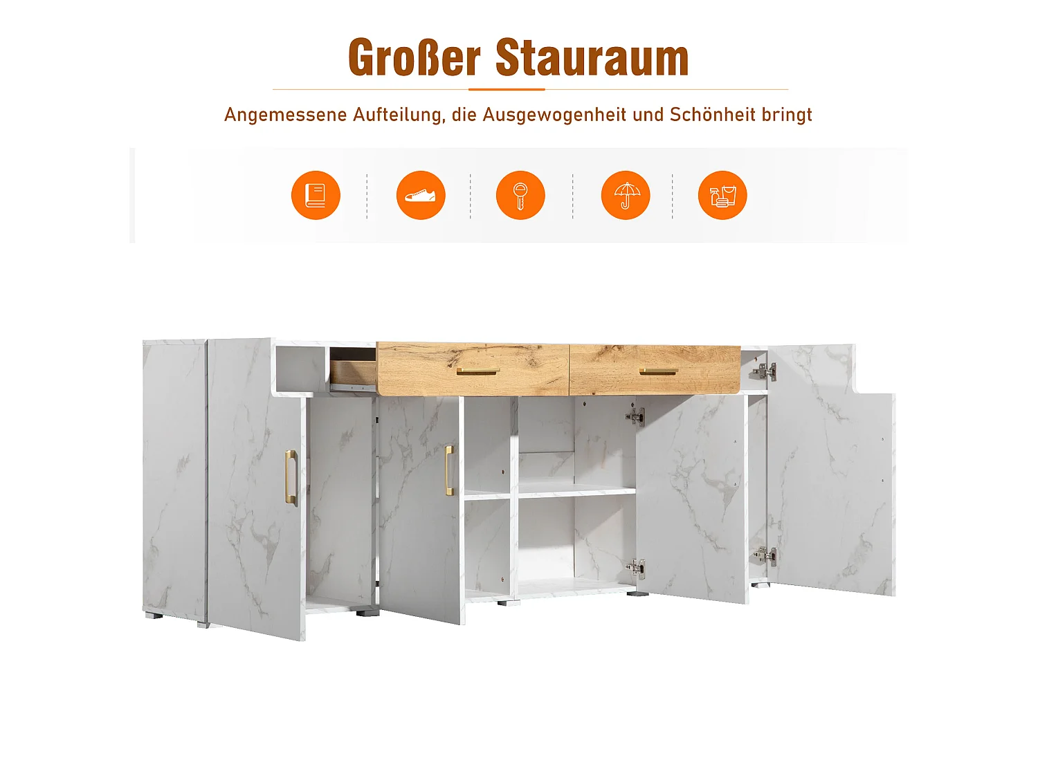 URBAN MEUBLE Buffet blanc effet marbre 4 portes 2 tiroirs 208x39,5x80cm